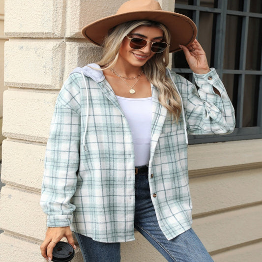 Manteau ample en laine à carreaux à capuche