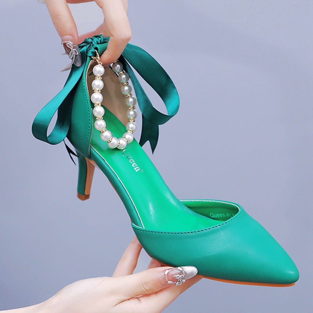 Escarpins à ruban satiné, perles décoratives, talon 7 cm