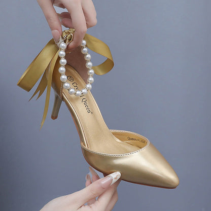 Escarpins à ruban satiné, perles décoratives, talon 7 cm