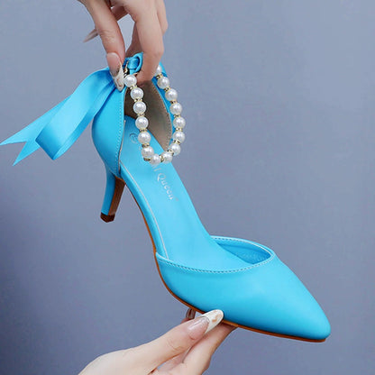 Escarpins à ruban satiné, perles décoratives, talon 7 cm