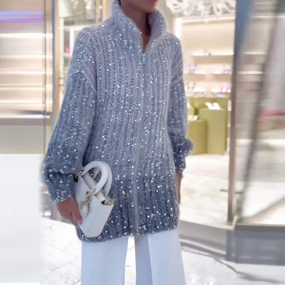 Pull Zippé Élégance Brillante à Sequins