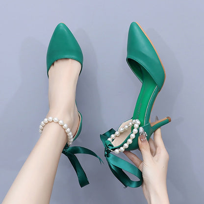 Escarpins à ruban satiné, perles décoratives, talon 7 cm